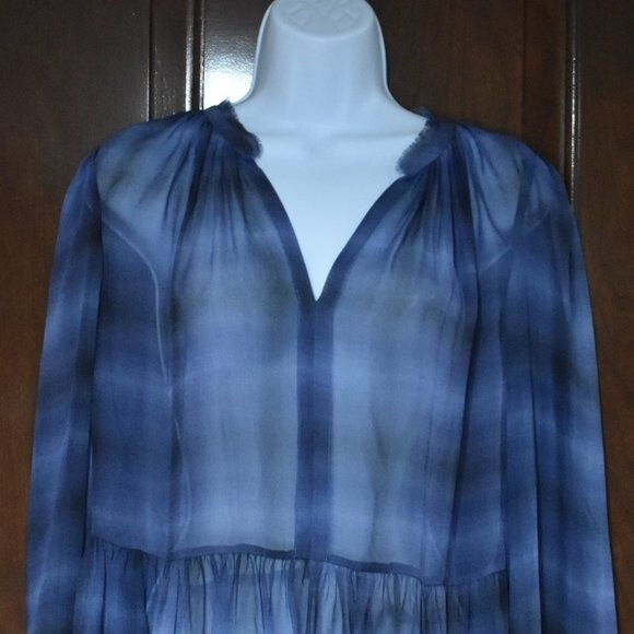 Rebecca Taylor Plaid Silk Blouse Size 4 Long Sleeve Sheer V-neck New - Picture 4 of 15